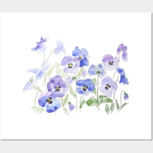 blue and purple pansy ink and watercolor Posters and Art